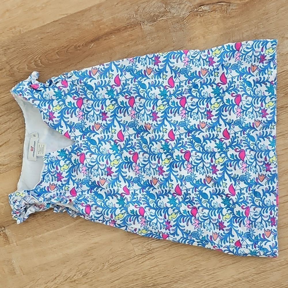 Vineyard Vines Size 3T Cotton Dress, Blue Design With Flamingo- Sleeveless